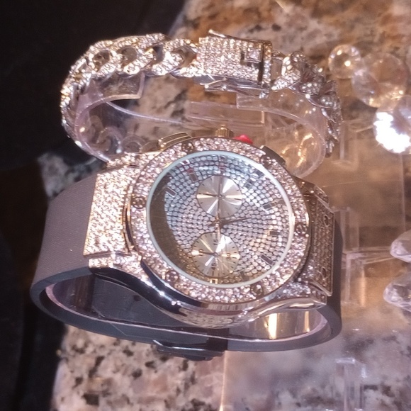 Bracelet & Watch Real Lab Diamonds & 4x's Gold Plated Waterproof No Tarnish Sta